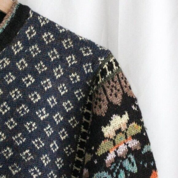 80s Vintage Floral Fair Isle Crew Neck Sweater The Import Workshop Large - Picture 2 of 5